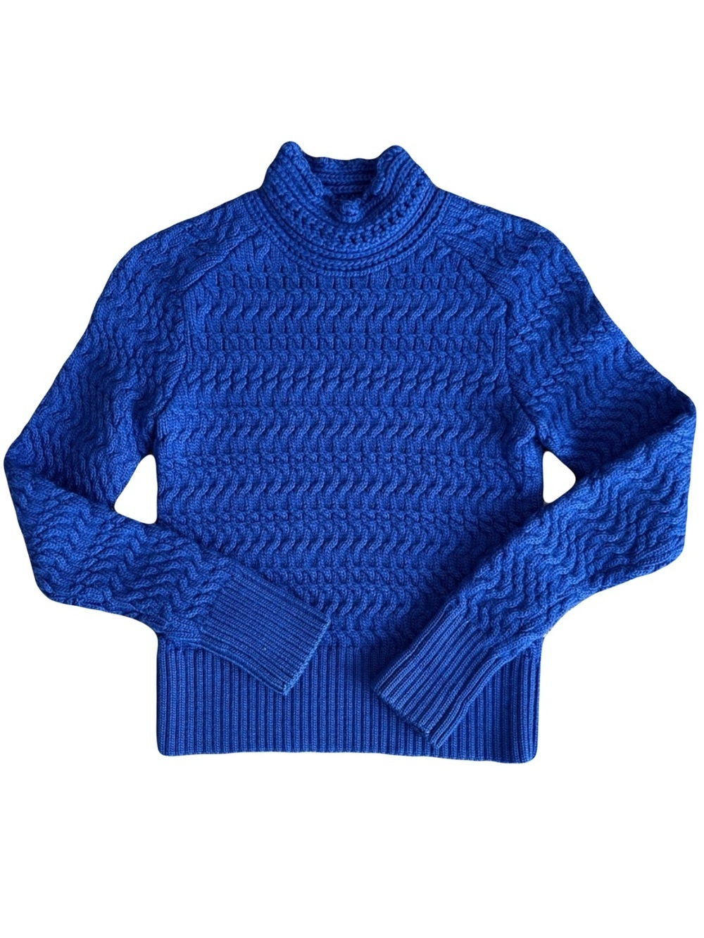 Dreyden 100% Merino Wool Electric Blue Cable Knit Turtleneck Sweater